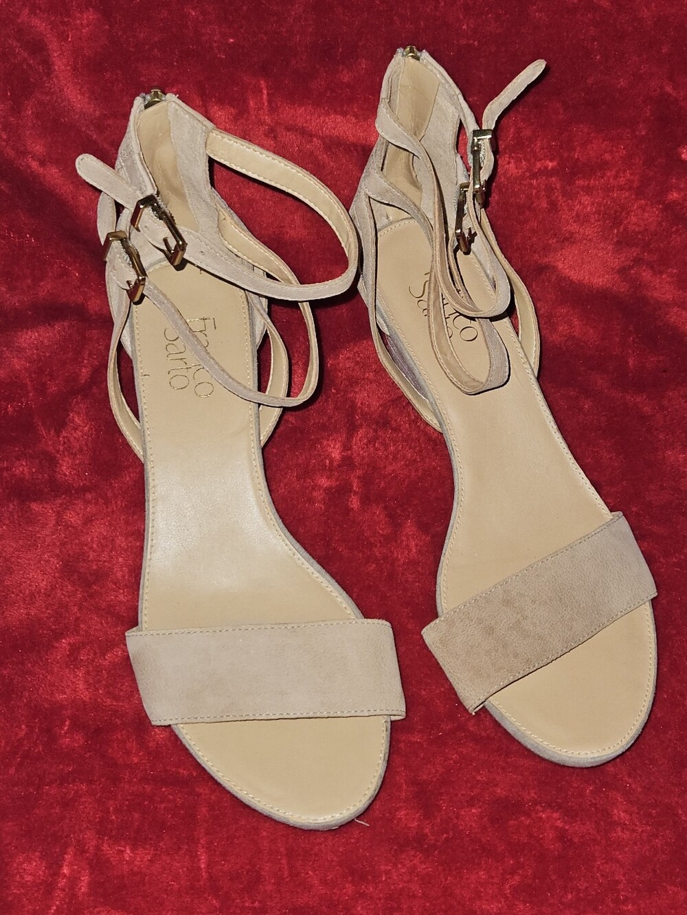 Franco Sarto Tan Suede Leather Double Ankle-Strap Wedge Heels Sandals-Size 9.5M